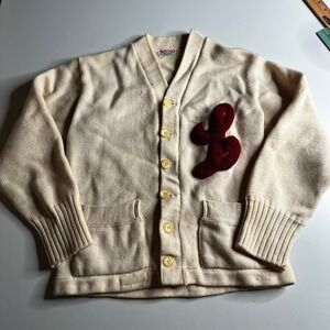 Vintage Sand Knit Varsity Cardigan Sweater Cream Wool Letterman Patch Size 38